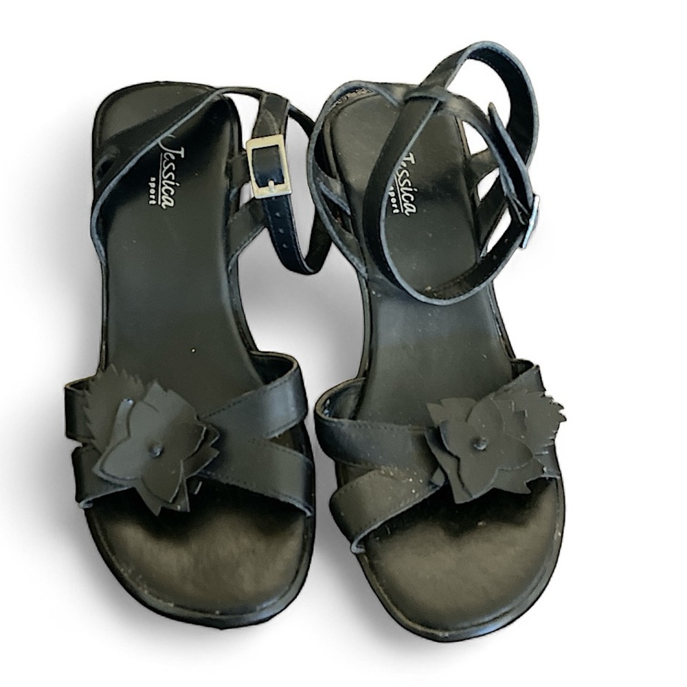 JESSICA SPORT WOMENS SIZE 6  WEDGE SANDALS WITH ANKLE STRAPS AND FLORAL DETAIL